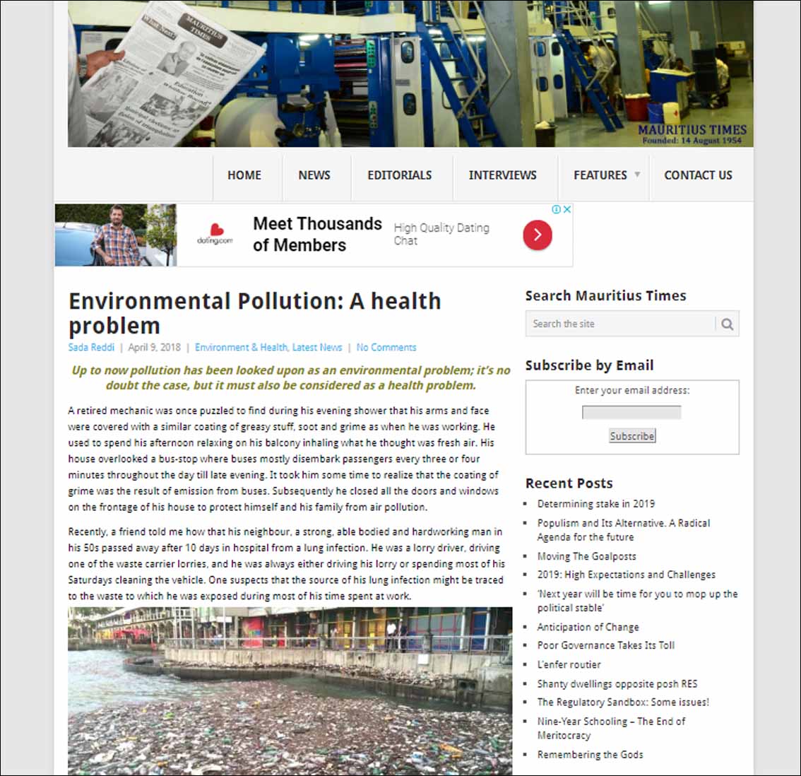 Environmental Pollution A health problem , Mauritius Times - April 2018